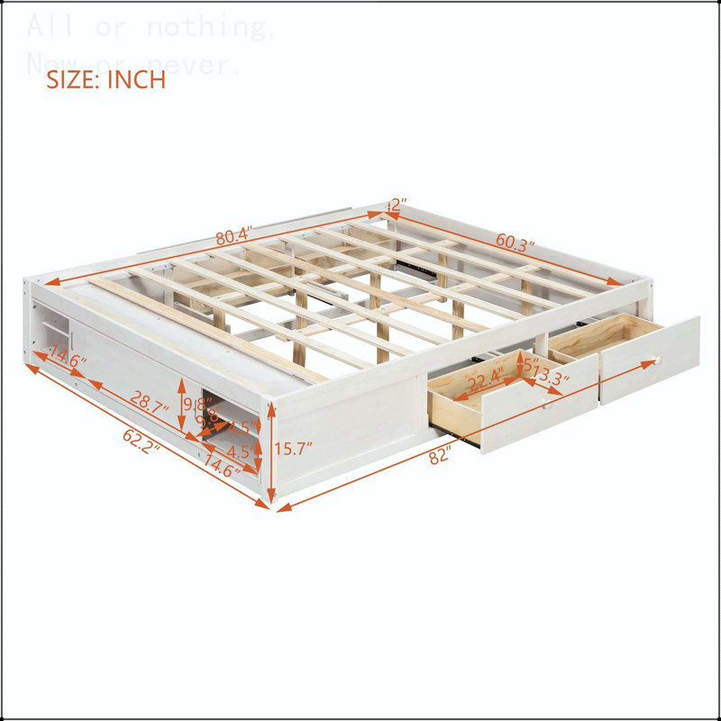 Structure de lit plateforme grand avec 4 tiroirs et pied de lit, Blanc