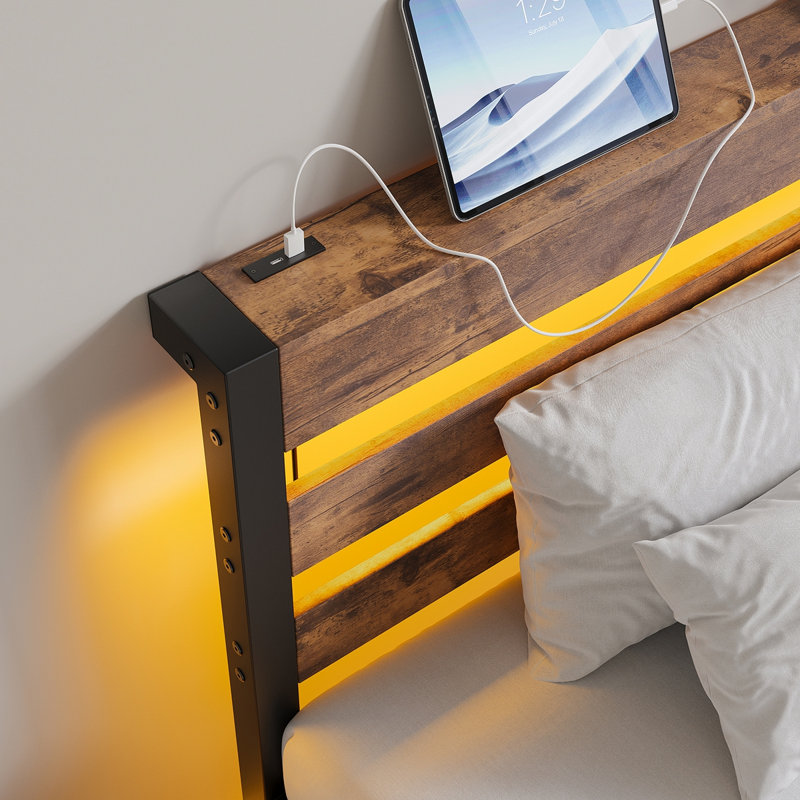 Lit plateforme simple avec tête de lit, surface de chargement, DEL, sans sommier, métal, cadre de rangement encastré, point de rangement grand format, lumières DEL, croissance