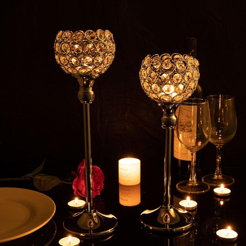 Gold Crystal Candle Holders Set Of 2,Pillar Candlesticks For Table Centerpieces, Christmas Home Decor Wedding Party Housewarming Gift