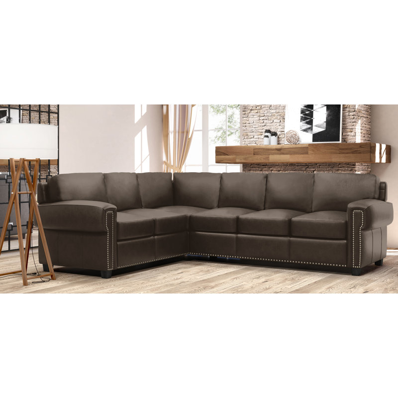Canapé modulaire en cuir véritable de 119 po de large Fardin, Orienté vers le côté droit, Cuir véritable brun