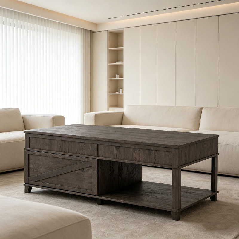 Table basse à plateau relevable avec compartiment caché et tablette ouverte, Antique Brown