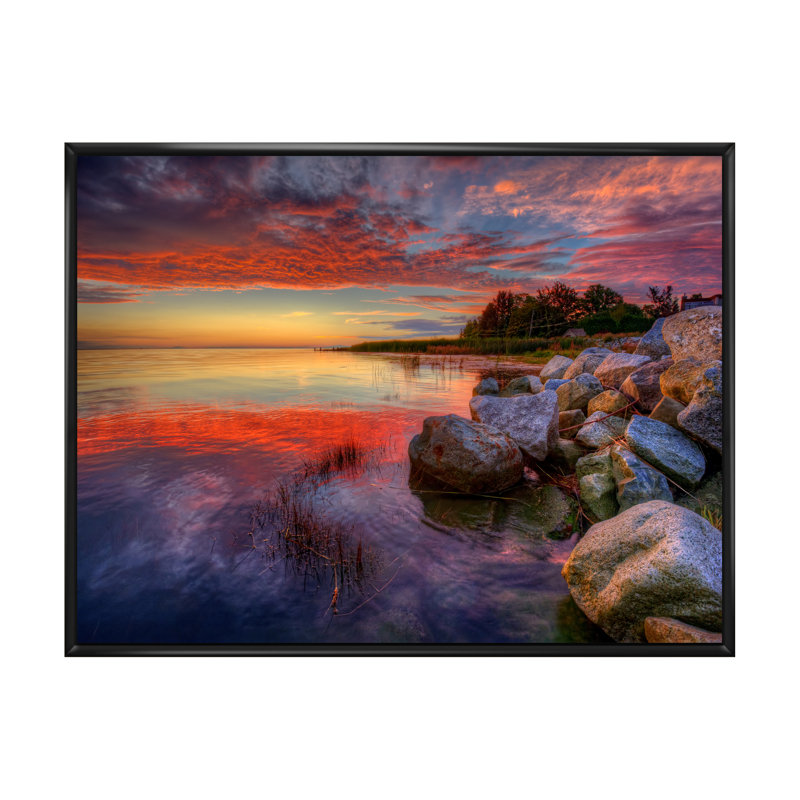 " Calm Water At Sunset ", 24" H x 36" W x 1" D, Black Floater Framed Canvas