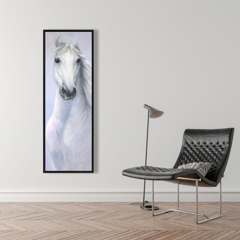 Puissant toile de cheval blanc | Décoration de ferme bleue encadrée, H 49,25 po x l 17,25 po