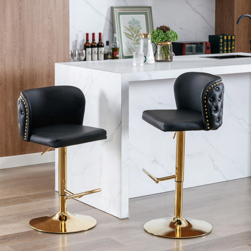 Jeneanne Upholstered Adjustable Height Counter Stool, Black Leather, Gold