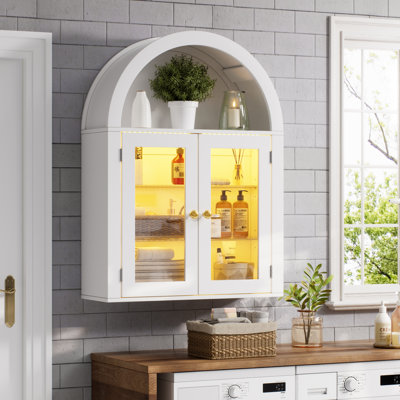Armoire de salle de bain murale cintrée en verre avec étagères réglables, armoire à pharmacie éclairée à fixation murale avec portes en verre, meuble de rangement suspendu pour salle de bain