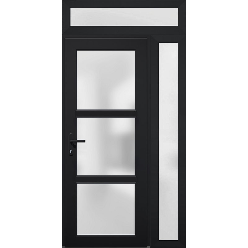 Porte d'entrée extérieure prémontée en fibre de verre, verre dépoli, Manux 8552 Blanc Soie, fenêtres latérales et supérieures, portes extérieures pour bureaux, commerces et habitations, entrée, patio, garage - L 91,4 cm + 35,6 cm x H 203,2 cm + 35,6 cm - Ouverture à gauche vers l'intérieur