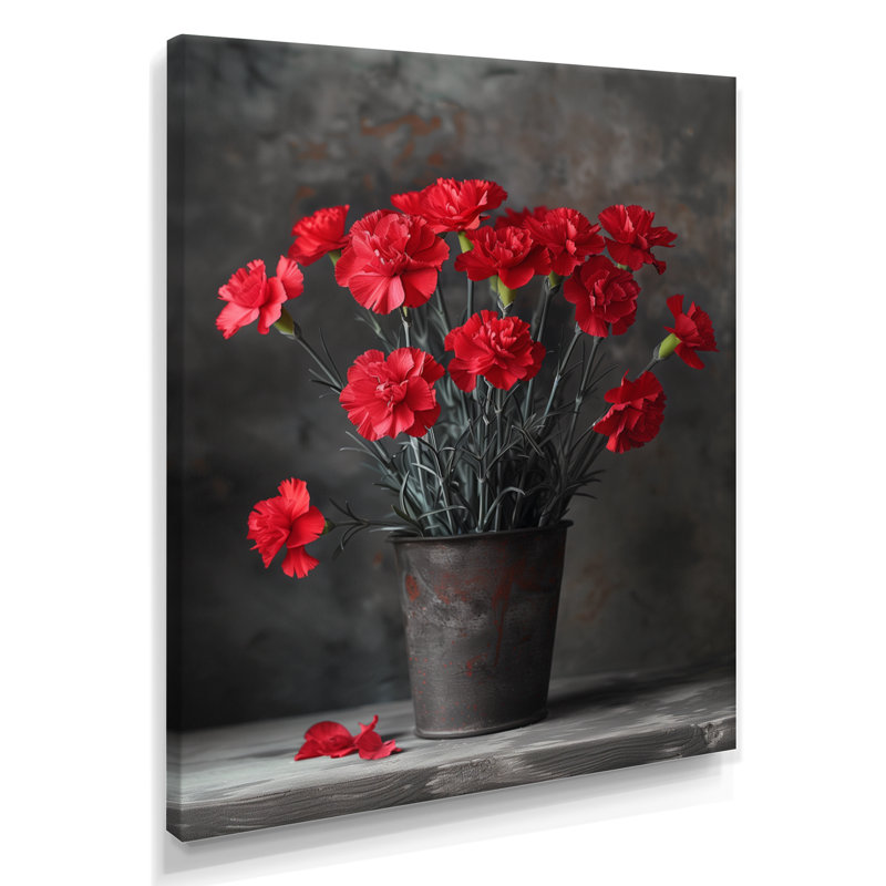 Œillets monochromes rouges et noirs vibrants en pot II - œillets, art mural, H 44 po x l 34 po x P 1,5 po, Toile tendue