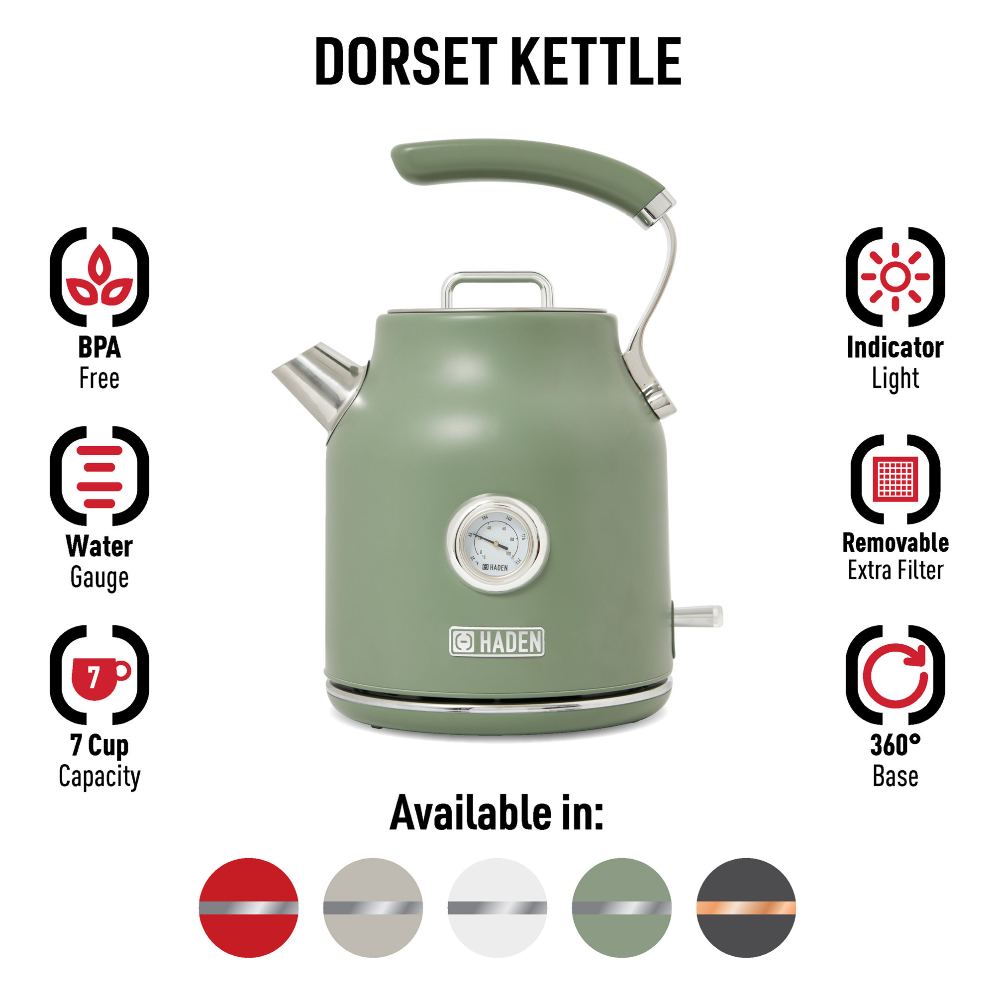 Haden Dorset Stainless Steel Electric Kettle, Sage Green