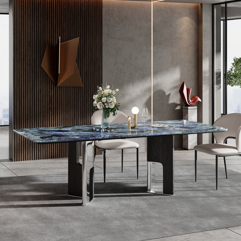 79" Luxury Blue Faux Marble Modern Rectangular Dining Table for 6,Stainless Steel Base