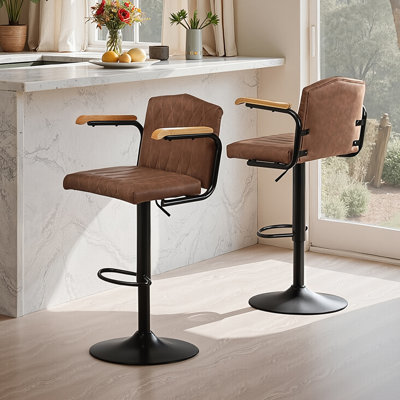 Set Of 2 Adjustable Swivel Bar Stools With Backs And Armrests, Faux Leather Kitchen Island Counter Height Bar Chairs With Round Metal Base And Footrest