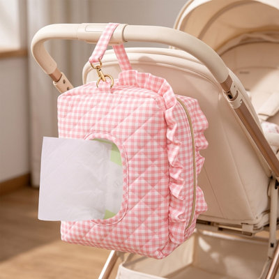 Pochette à lingettes humides double couche avec pendentif en acrylique, pochette matelassée pour lingettes humides, petit sac à langer suspendu, sac à lingettes humides portable adapté aux poussettes et aux familles