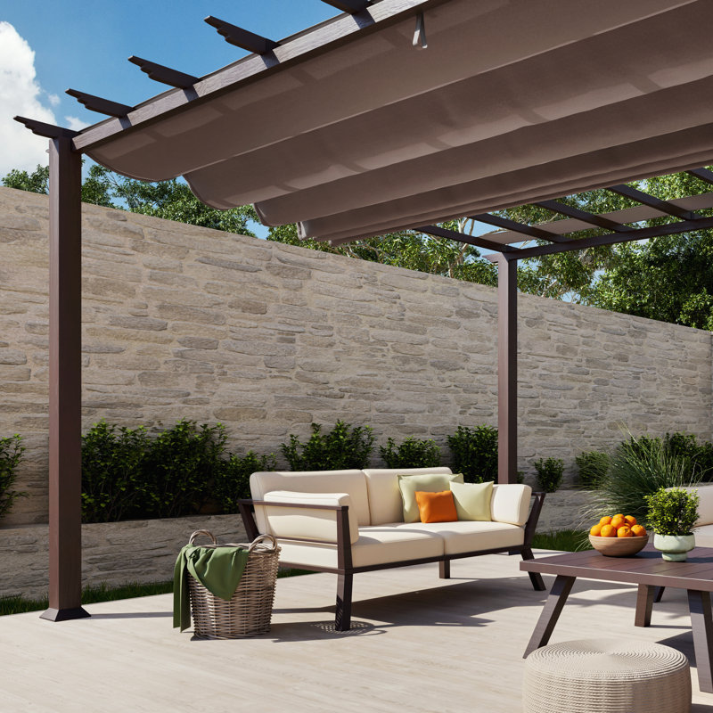 Florence 16' W x 11' D Wood Grain Aluminum Pergola in Chilean Ipe Finish with Adjustable Canopy, Cocoa