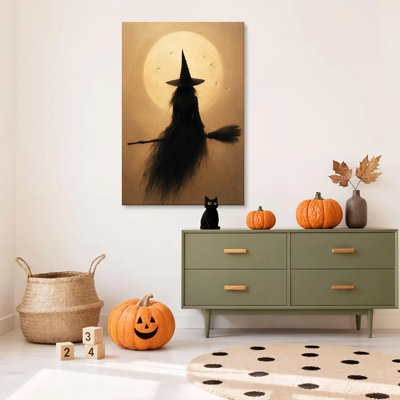 1 pièce, impression d'art sur toile encadrée, sorcière gothique rétro sur balai, pleine lune, art de Halloween, impression sur toile pour salon, chambre, bureau, salle de bain, dortoir, prêt à accrocher