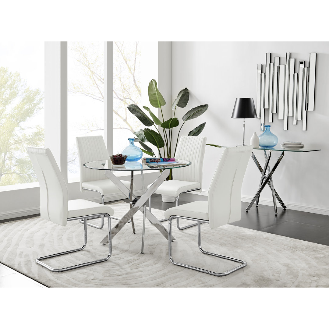 Tierra Sleek Metal and Glass Round Dining Table Set with 6 Faux Leather Upholstered Dining Chairs East Urban Home Chair