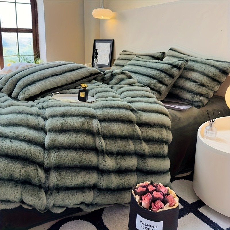 Faux Rabbit Fur Blanket Machine Woven Throw Blanket, 274x228, Green