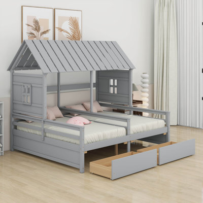 Twin Double Shared Bed,Twin Size House Platform Beds With Two Drawers For Shared Beds