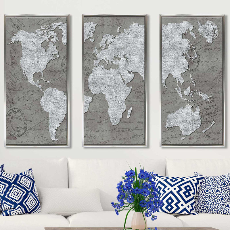 «World Map on Script - 3 pièces flottantes», impression sur toile, L 52,5 po x H 33,5 po