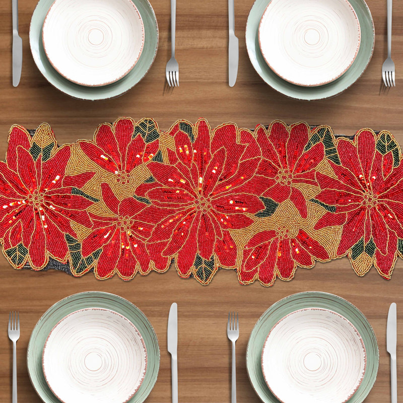 Chemin de table brodé rouge perlé avec broderie en verre pour table de salle à manger et décoration intérieure