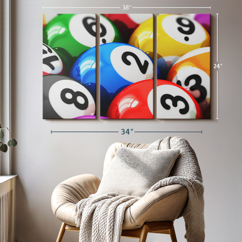 «Colorful Billiard», 3 pièces sur toile, H 24 po x l 38 po x P 1,25 po