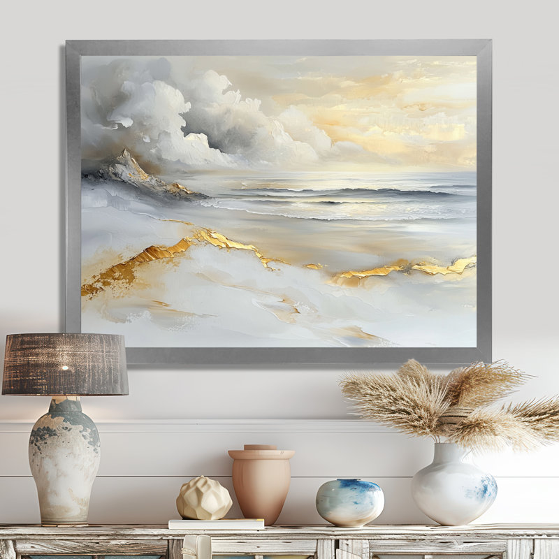 Minimalisme, plage dorée pure II - plage côtière, art mural large, H 24 po x l 32 po, Avec cadre, Argent argent