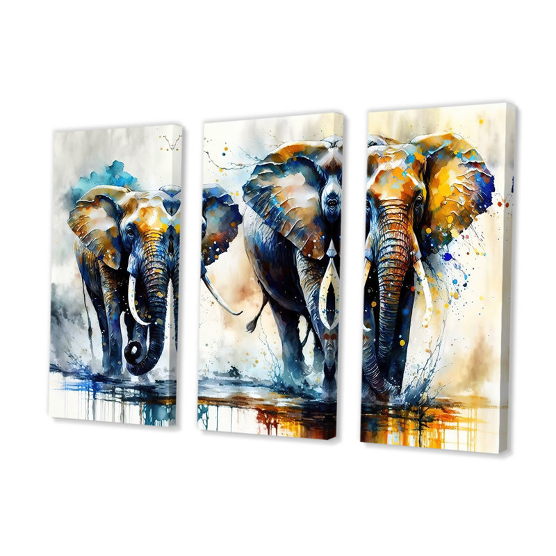 Éléphants qui courent II - impression de 3 pièces, H 32 po x l 48 po x P 1 po, Toile tendue