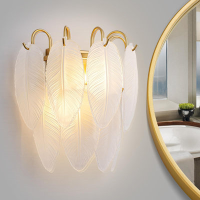 Modern Gold Wall Sconce Set Of 2, Brass Finish Vanity Light With Frosted Feather Glass Shade, Indoor Wall Mounted Fixture For Bathroom, Bedroom, Hallway And Living Room