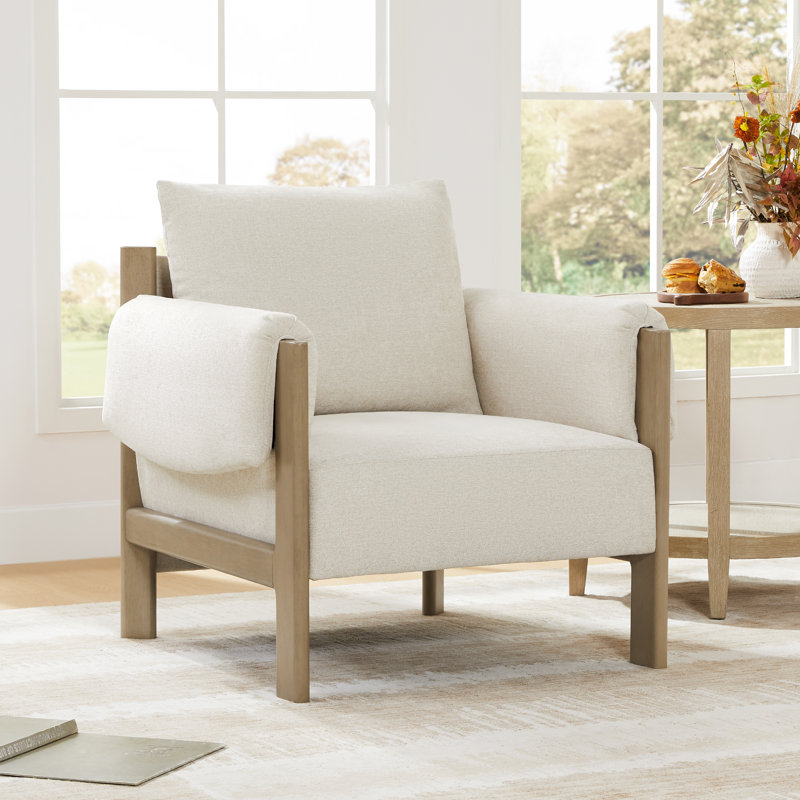 Galway Melksham 33.26'' W Mid-Century Accent Chair, Light Oak, Linen Performance Basketweave