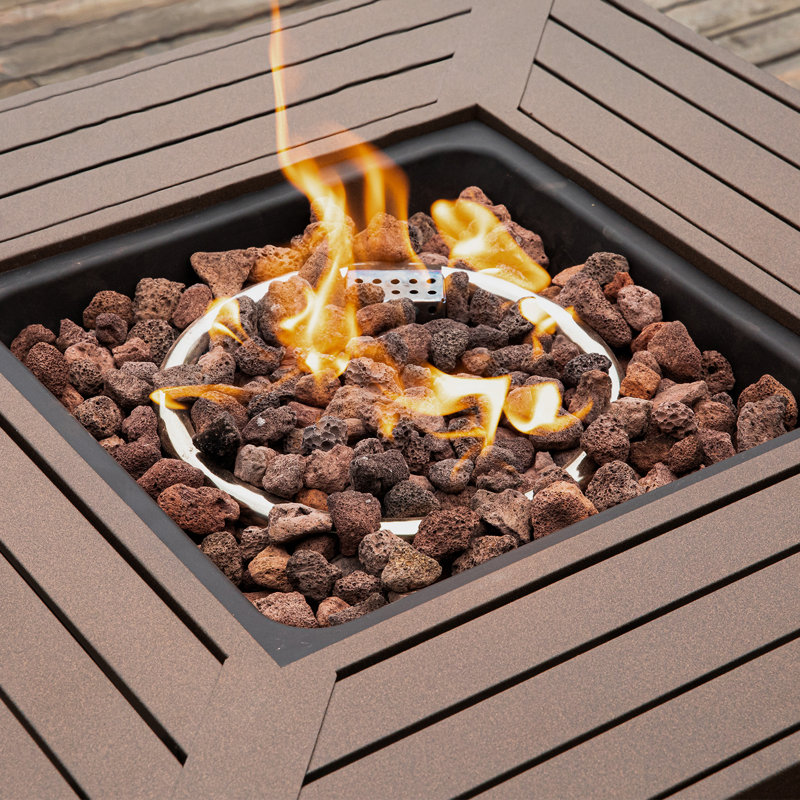 Foyer de table d'extérieur au propane en fer H 25 po x l 28 po avec couvercle, Brun pâle