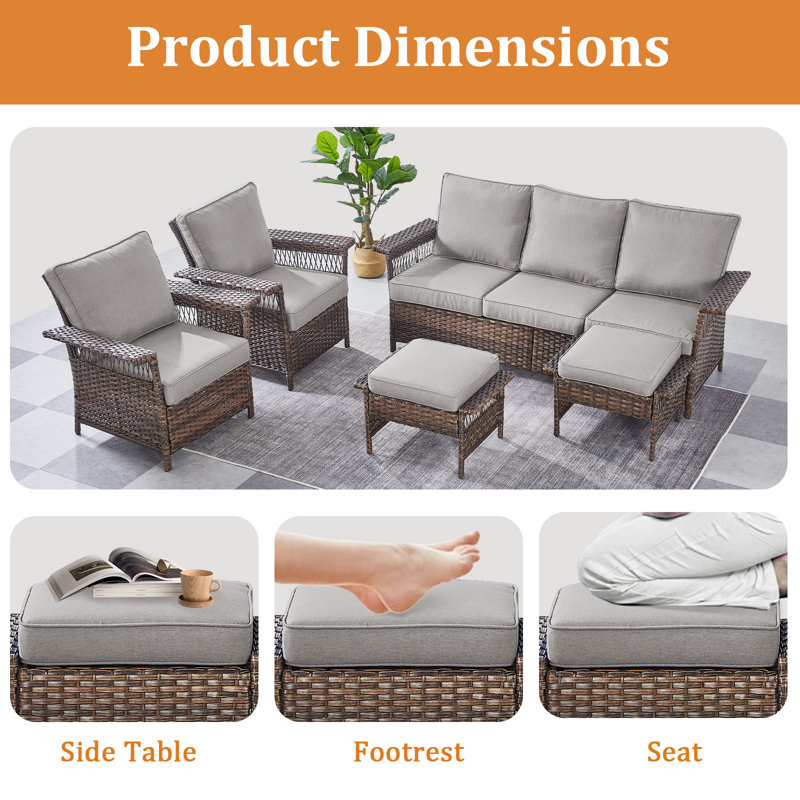 Repose-pieds d'extérieur en osier avec coussin Sunbrella® Demarrius, Gris