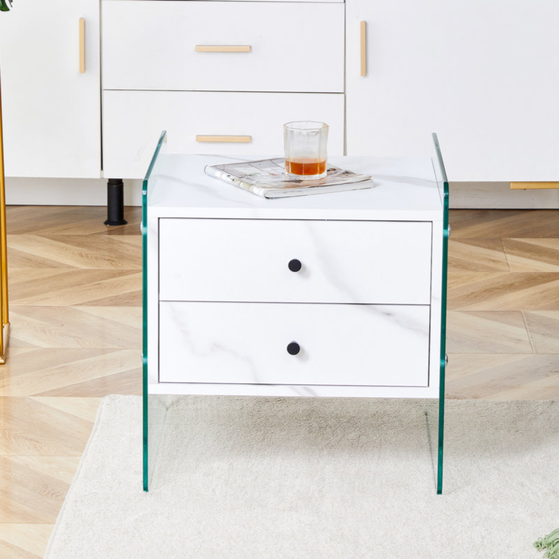 Double-Drawer Bedside Table. The Board Surface Is MDF Sticker, And Both Sides Are Transparent Tempered Glass. The Design Is Simple And Elegant, With Excellent Storage Functions.