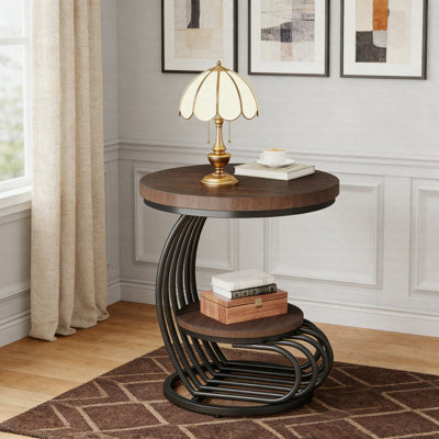 Table de bout ronde à 2 niveaux, table d'appoint en faux marbre avec structure en métal