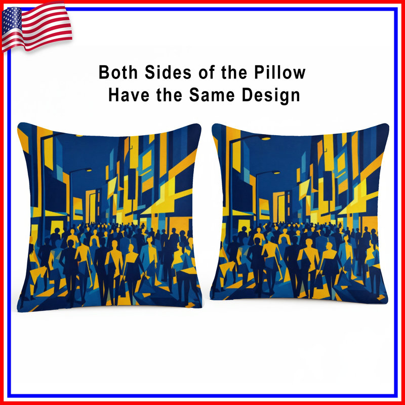Coussins décoratifs Urban Street Scene, 14 X 14 pouces, Bleu marine foncé / jaune vif