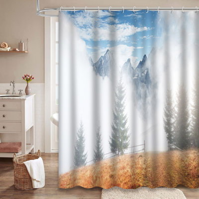 Winter Bright Christmas Landscape Pine Snow Snowflakes Sky Blue Shower Curtain with 12 Hooks