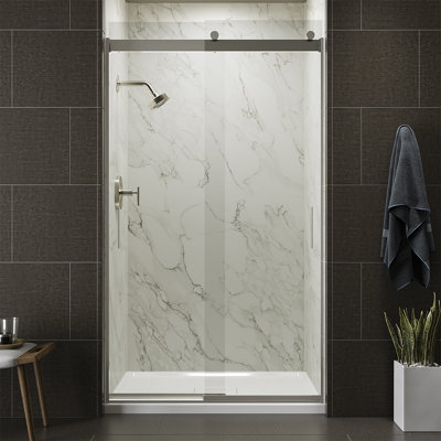 Levity 44.63" - 47.63" W x 82" H Double Sliding Shower Door with Blade Handles with CleanCoat Technology