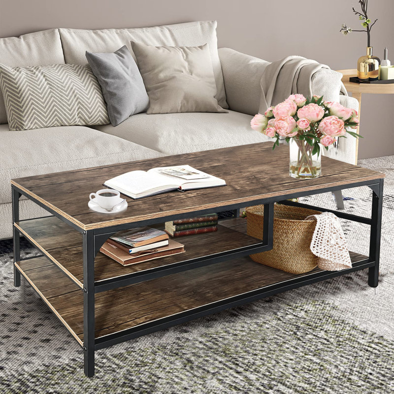 Table basse à 3 niveaux avec tablette de rangement, Brun, Noir, Bois naturel