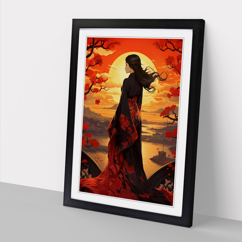 Japanese Sunset Nouveau - Single Picture Frame Print on Wood, 64cm H x 46cm W x 2cm D, Black Framed