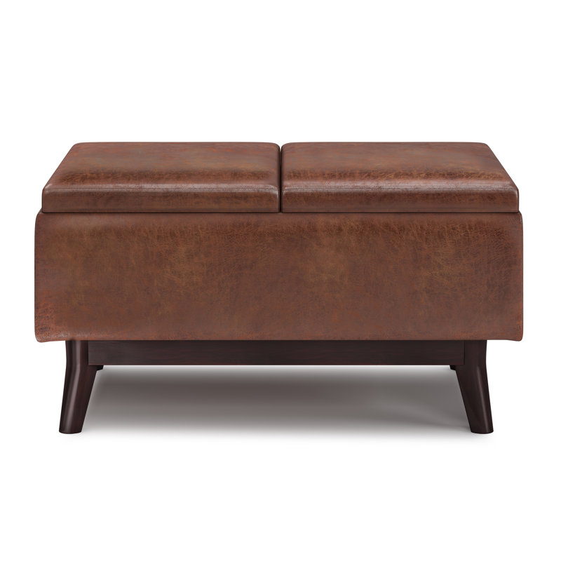 Repose-pieds capitonné rectangulaire Mid-Century avec plateau Owen, Simili cuir brun délavé