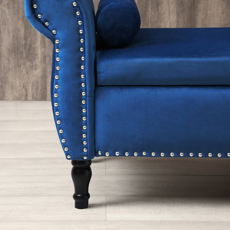 Aijia 63" Velvet Multifunctional Storage Bench Rectangular Sofa Stool Buttons Tufted Nailhead Trimmed Ottoman Solid Wood Legs With 1 Pillow,