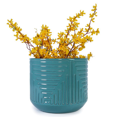 Stylish Cyan Ceramic Flowerpot, All - Weather Functional For Windowsill, 42.01 Lbs Glossy Finish Planter Various Settings, Reinforced Construction,