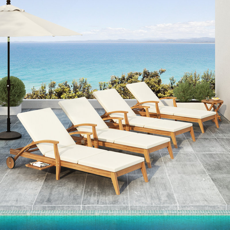 Acacia Wood Chaise Lounge with 2-Inch Cushion and 4-Position Adjustable Backrest