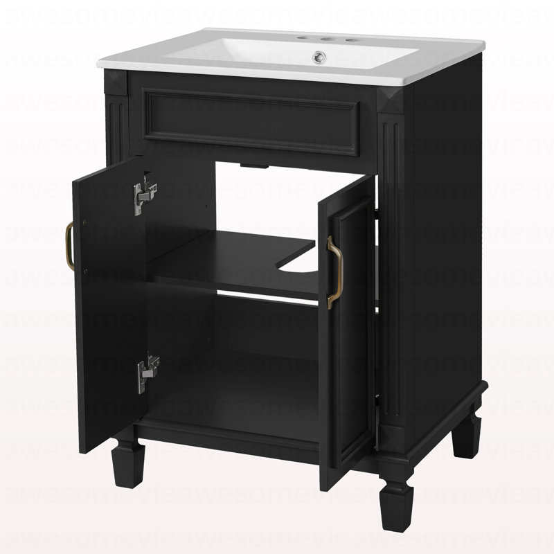 Meuble-lavabo 24 po avec lavabo supérieur, armoire de rangement moderne avec 2 portes à fermeture douce et tablette réglable, structure en bois massif