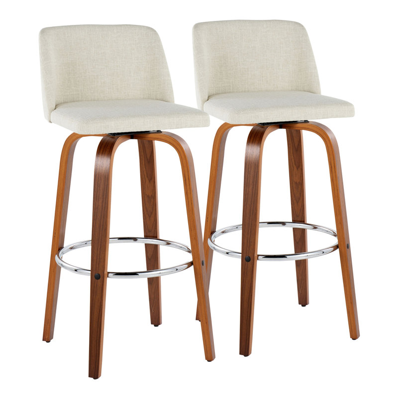 Tabouret de bar 30 po à hauteur fixe avec pivot en bois de noyer et tissu crème Toriano, Noyer / argenté