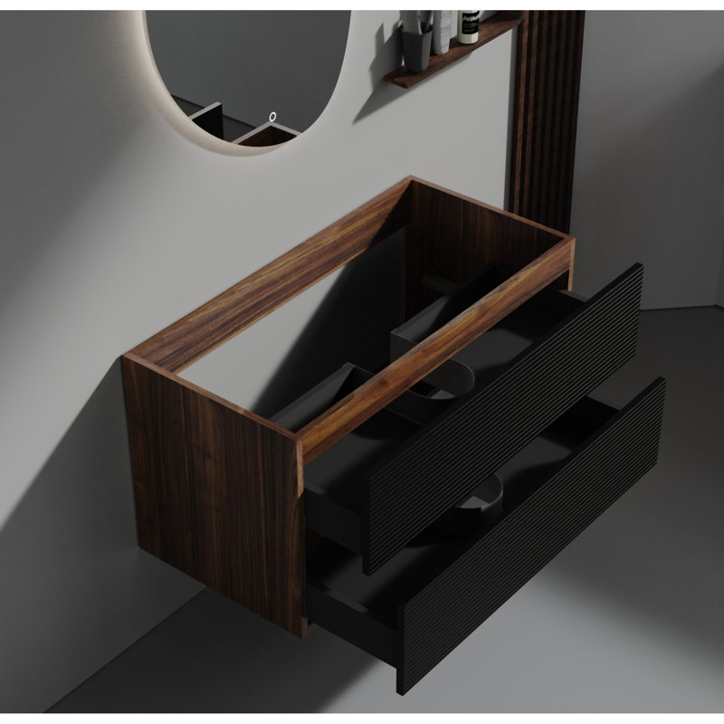 Armoire de meuble-lavabo moderne en noyer, grain de bois, fixée au mur pour la salle de bain
