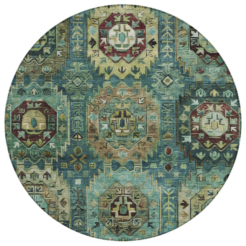 Machine Washable Indoor/Outdoor Xhevrie Teal Rug, Round 8'