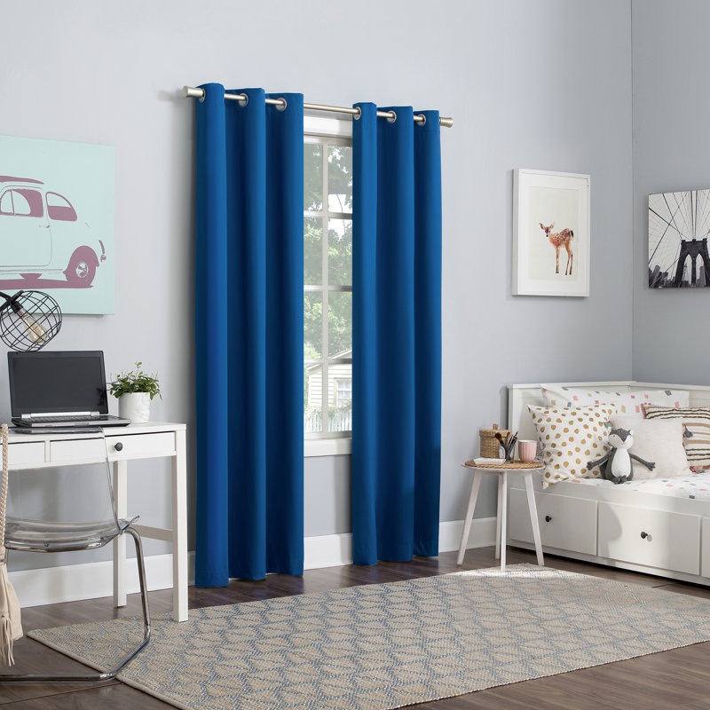 Classic Blue Polyester Blackout Grommet Window Panels for Kids