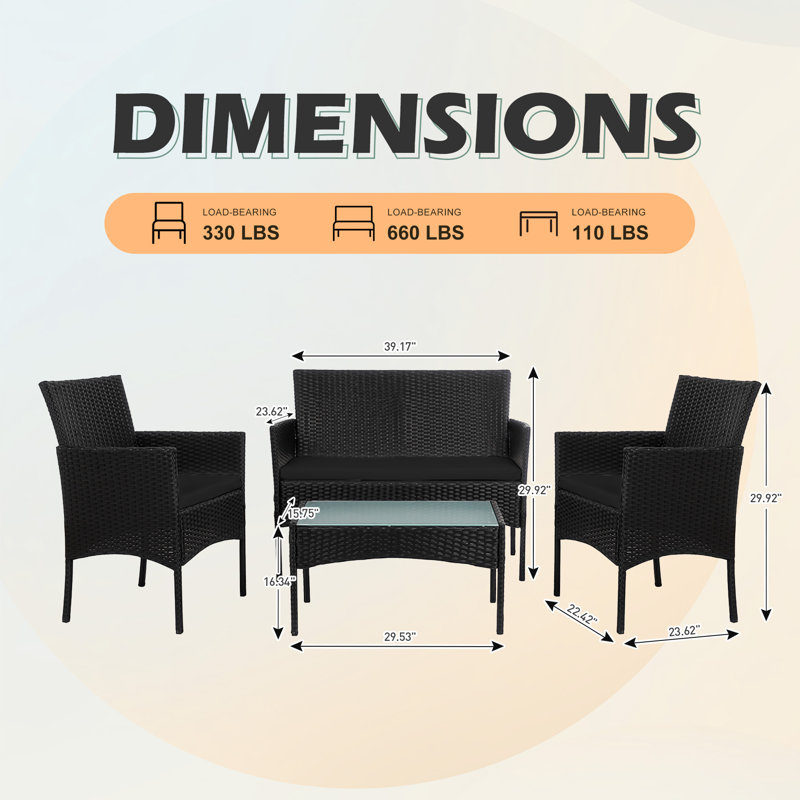 Ensemble de conversation d'extérieur avec coussins Julus Shena pour 4 personnes, Noir, Noir
