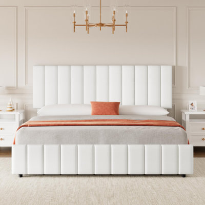 Bed Frame With 4 Storage Drawers And Adjustable Headboard, PU Upholstered Platform Bed Frame