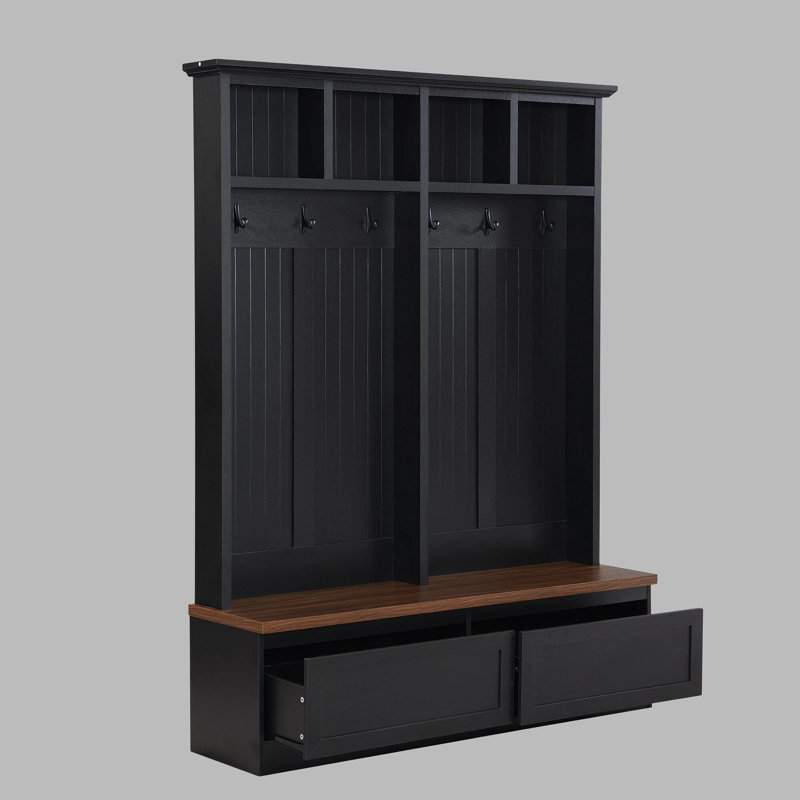 Farmhouse 4-in-1 Hall Tree with Wood Grain Bench & 2 Large Drawers | Mudroom Coat Rack with 6 Hooks & Open Storage | Entryway Organizer for Hallway, Living Room, or Mudroom