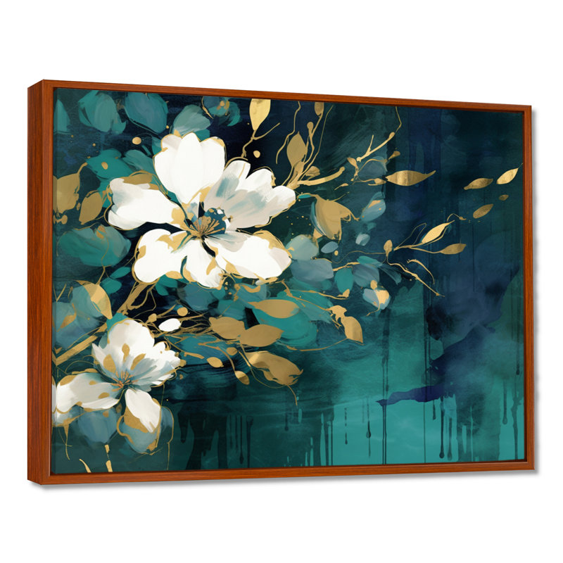 White Teal Plants In Chaos III - Floral Wall Art, 30" H x 40" W x 1.5" D, Brown Floater Framed