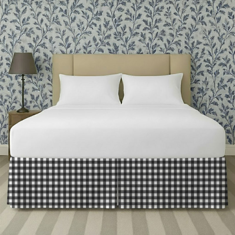 Gingham Pattern Tailored Bed Skirt 15" Drop Length, King, Black